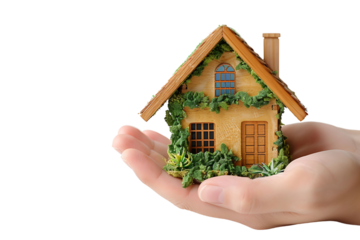 Hand holding a small simple house on isolated transparent background