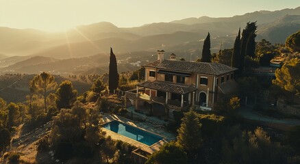 A beautiful aerial view of an old and classic villa with large windows overlooking the mountains