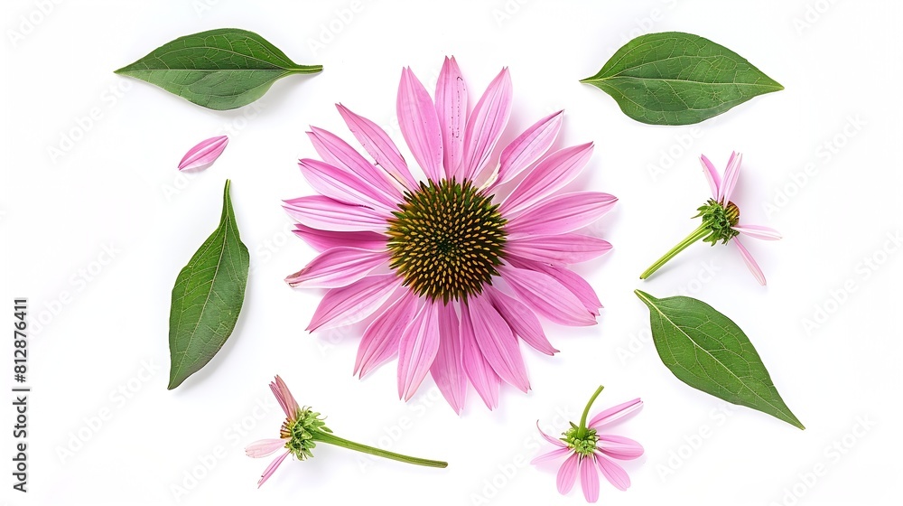 Aufkleber echinacea pink flower creative layout coneflower with leaves isolated on white background floral des