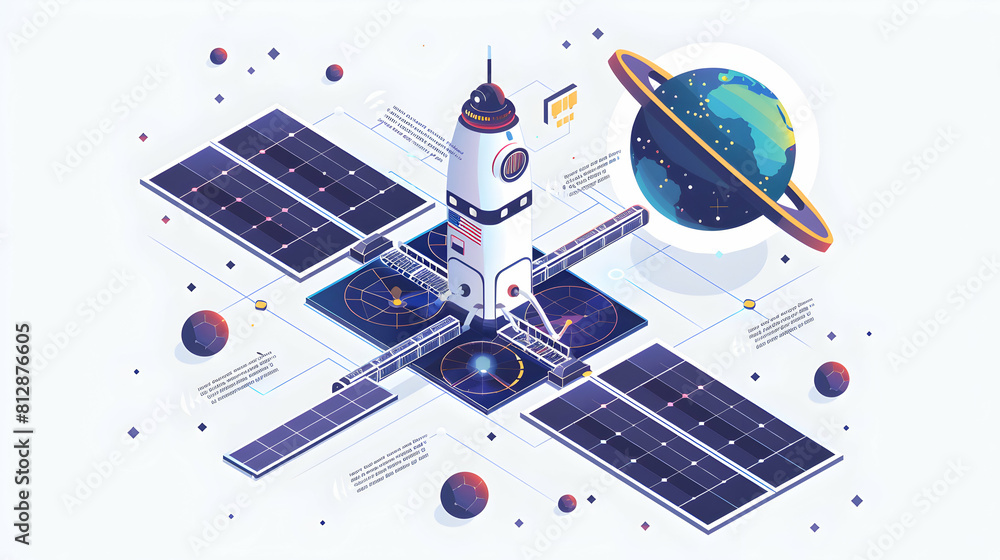 Poster cutting edge space navigation systems: isometric flat design icons for guiding spacecraft through or
