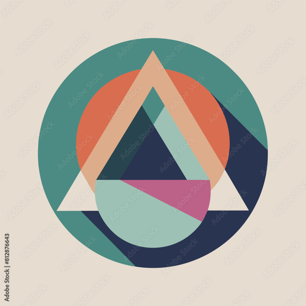 Poster geometric shapes of a circle containing a triangle, minimalistic design in muted colors, abstract ge