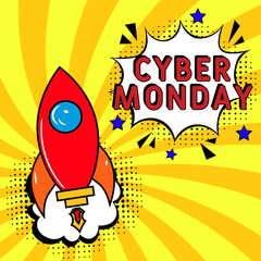 Cyber monday pop art. Cyber monday in comic pop art style. Cyber monday message in sound speech bubble in pop art style. Comic book explosion with text Cyber monday.