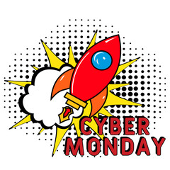 Cyber monday pop art. Cyber monday in comic pop art style. Cyber monday message in sound speech bubble in pop art style. Comic book explosion with text Cyber monday.