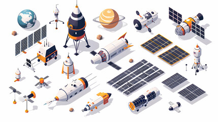 Cutting edge Space Navigation Systems: Isometric Flat Design Icon Concept for Guiding Spacecraft Through Complex Orbital Paths