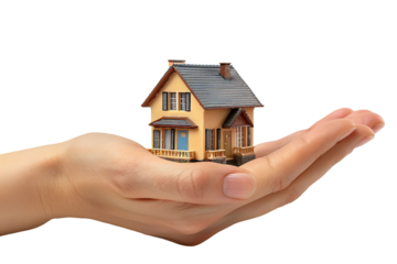 Hand holding a small simple house on isolated transparent background