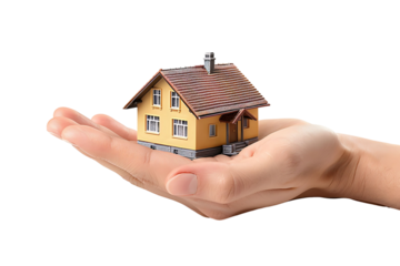 Hand holding a small simple house on isolated transparent background
