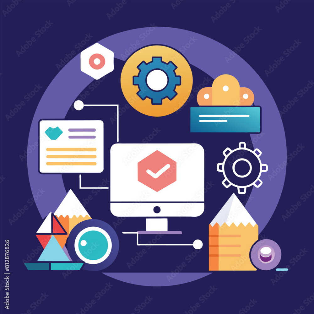 Poster a computer with various icons representing software development surrounding it, abstract graphic sym
