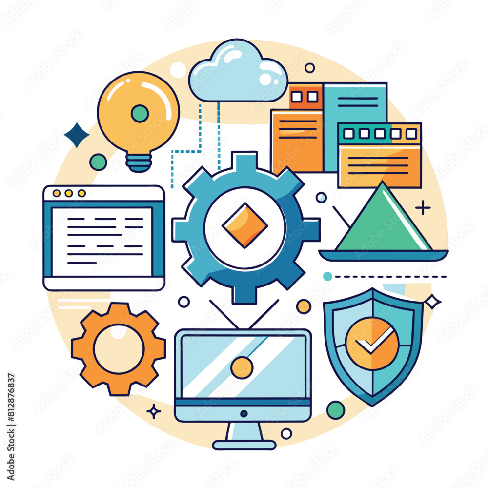 Poster a circle showcasing different devices and icons, representing software development and technology di