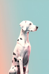 Dalmatian posing in profile on a blue and pink gradient