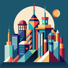 Obraz premium Night view of a city skyline under a clear full moon, Abstract interpretation of a city skyline with geometric shapes