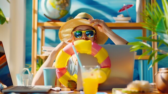 Annual leave and planning travel vacation concept Funny office worker waiting for summer holidays Happy barefoot employee in sun hat sunglasses and swim ring sitting on desk and drinki : Generative AI
