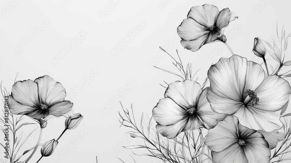 Poster simple flower shapes at the corners or sides of the page with a blank space for symbol or text.