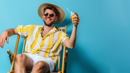 Full size photo positive guy enjoy rest relax exotic resort sun bathing hold glass cocktail sit deckchair wear white yellow striped shirt shorts barefoot isolated blue color background : Generative AI