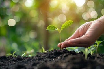 Close-up of hands planting sapling in earth. Environmental stewardship concept