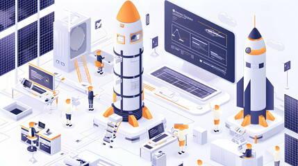 Isometric Illustration: Technicians Diagnosing Spacecraft Systems for Mission Readiness   Flat Design Icon Concept for Spacecraft System Diagnostics and Maintenance