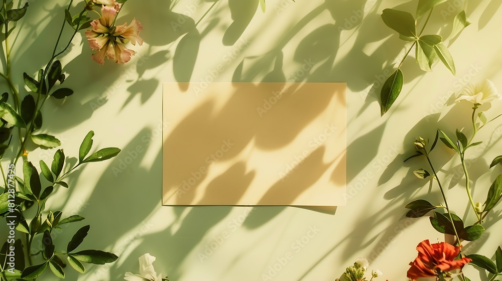 Poster creative layout made of flowers and leaves with paper card note flat lay nature concept : generative