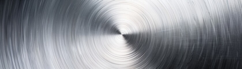 The image is a close-up of a brushed metal surface with a radial pattern. The metal is shiny and reflects light. The image is abstract and could be used as a background or texture.