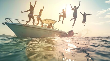 Multiracial friends jumping out of boat in the sea while having fun in their summer vacation : Generative AI