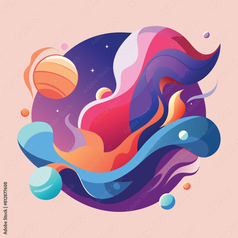 Poster Colorful abstract design with vibrant shapes and patterns on a pink background, An abstract composition inspired by the concept of home and garden