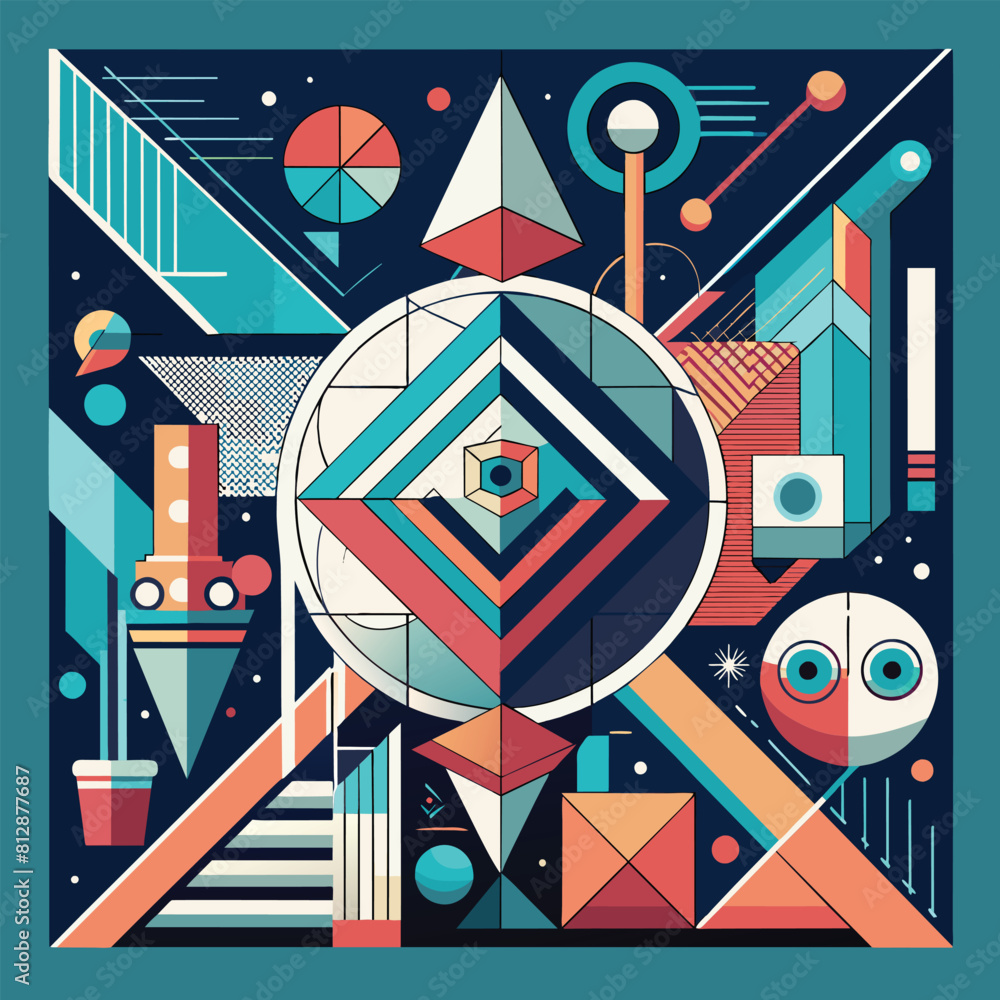 Poster a poster featuring a geometric design with intricate lines and shapes in various colors, an abstract