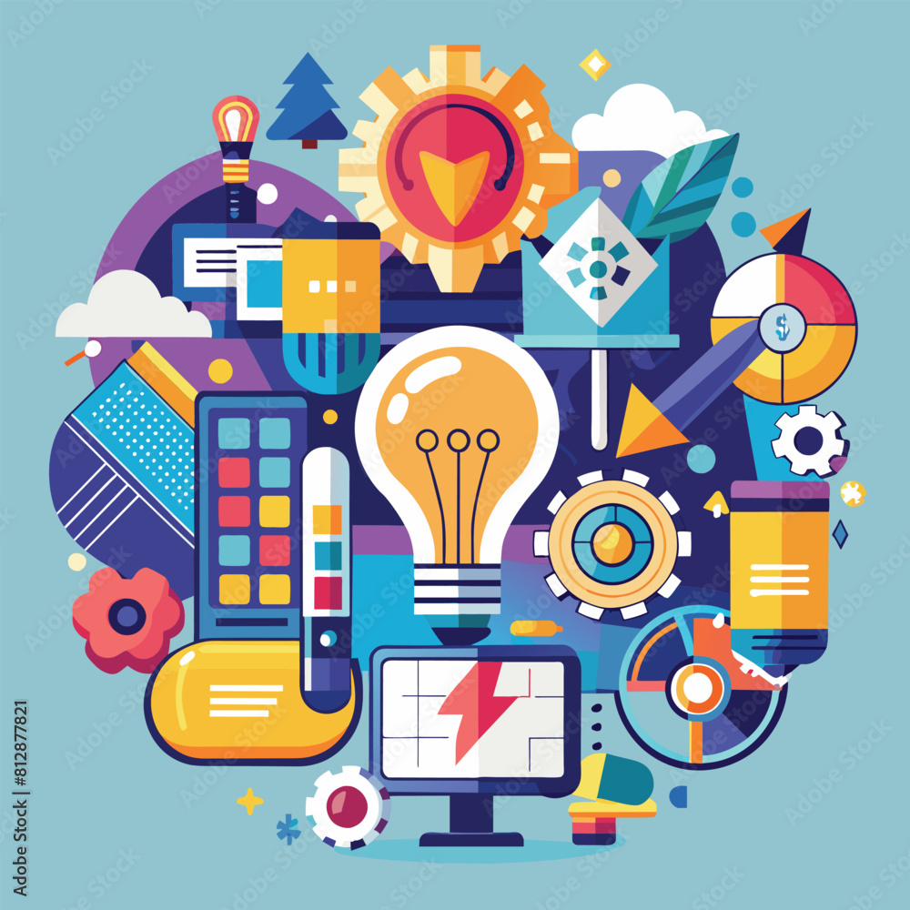 Poster a vibrant light bulb surrounded by a variety of objects in a lively and creative composition, an abs