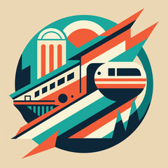 Fototapeta premium A train is seen traveling through a city on top of a train track with buildings in the background, An abstract design utilizing negative space to convey the concept of streamlined transportation