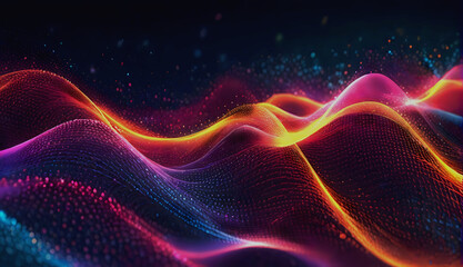 Abstract dake blue neon light wave of particles. Big data. Digital art background. Futuristic design illustration.