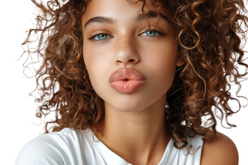 Naklejka premium Headshot of girl with curly hairstyle wearing t-shirt send air kiss pouted lips on isolated transparent background