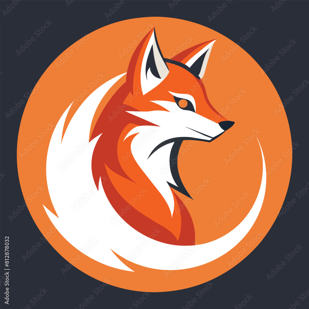 Poster a fox head enclosed in a circle on an orange backdrop in a simplistic design, an abstract interpreta