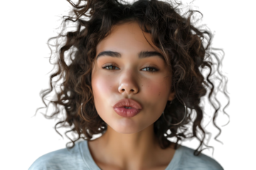 Headshot of girl with curly hairstyle wearing t-shirt send air kiss pouted lips on isolated transparent background
