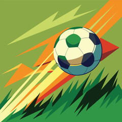 Obraz premium A soccer ball is flying through the air after being kicked, An abstract interpretation of a soccer ball rolling across a field