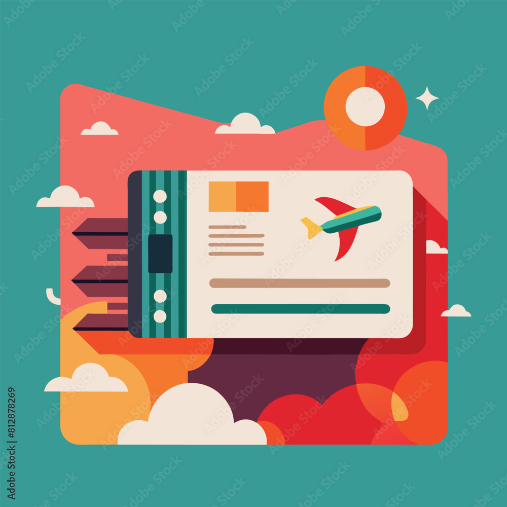 Poster a computer screen displaying an abstract plane icon representing travel or flight information, an ab