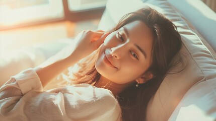 Fototapeta premium Sofa Woman relaxing enjoying luxury lifestyle outdoor day dreaming and thinking looking happy up smiling cheerful Beautiful young multicultural Asian Caucasian female model in her 20s : Generative AI