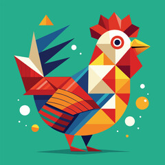 A chicken depicted in colorful geometric shapes against a green background, An abstract representation of a chicken using only geometric shapes