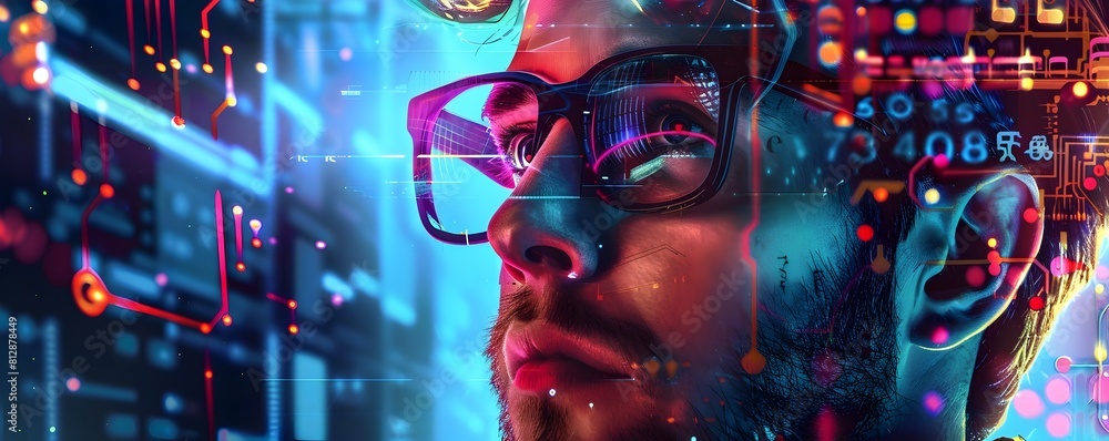 Poster innovative programmer immersed in futuristic realm of technology and creativity