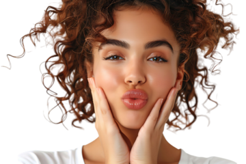 Headshot of girl with curly hairstyle wearing t-shirt send air kiss pouted lips on isolated transparent background