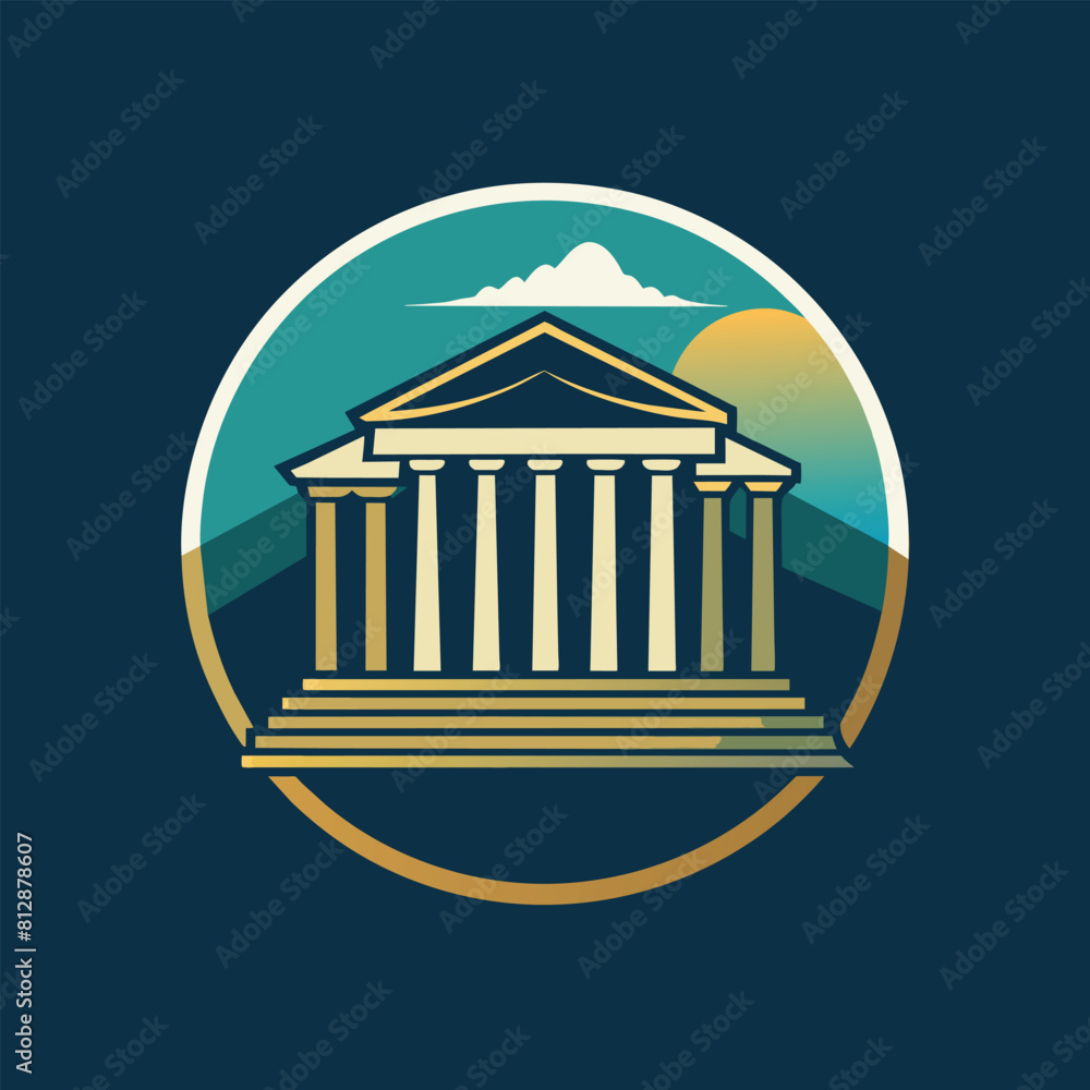 Poster a building with intricate columns set against a sky backdrop, an artistic interpretation of the acro