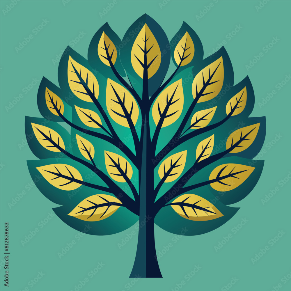 Poster a tree featuring green and yellow leaves in full bloom, an artistic representation of a leaf or tree