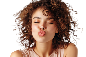 Headshot of girl with curly hairstyle wearing t-shirt send air kiss pouted lips on isolated transparent background