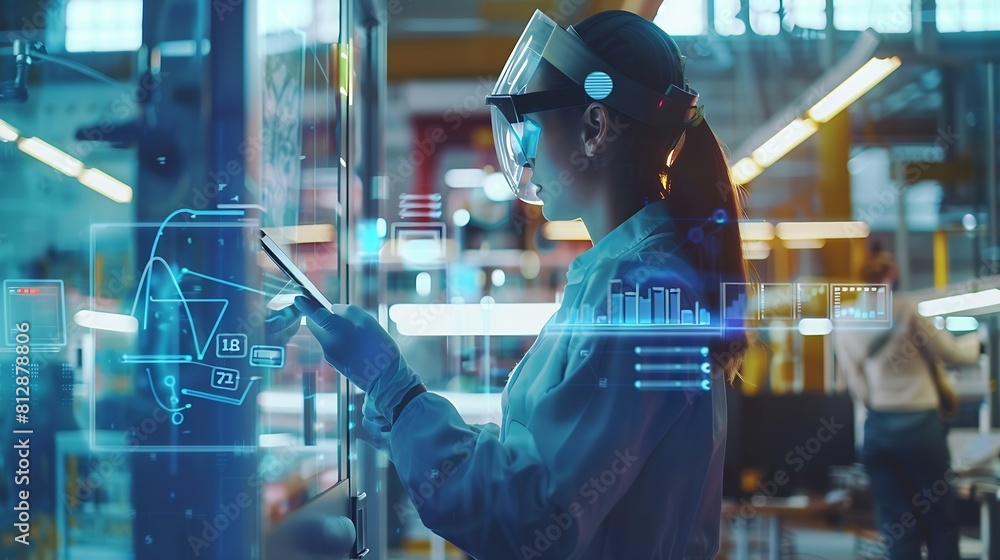 Aufkleber industry 40 modern factory female engineer uses digital tablet computer with augmented reality softw
