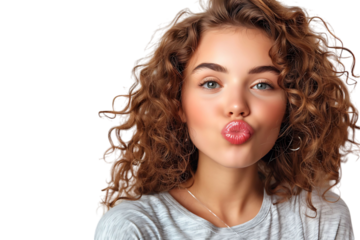 Headshot of girl with curly hairstyle wearing t-shirt send air kiss pouted lips on isolated transparent background