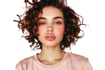 Headshot of girl with curly hairstyle wearing t-shirt send air kiss pouted lips on isolated transparent background