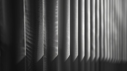 Black and white photo of a venetian blind with the slats slightly open.