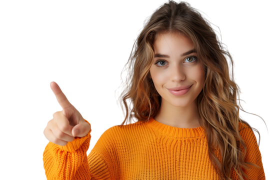Confident woman dressed orange sweater pointing finger empty space on isolated transparent background