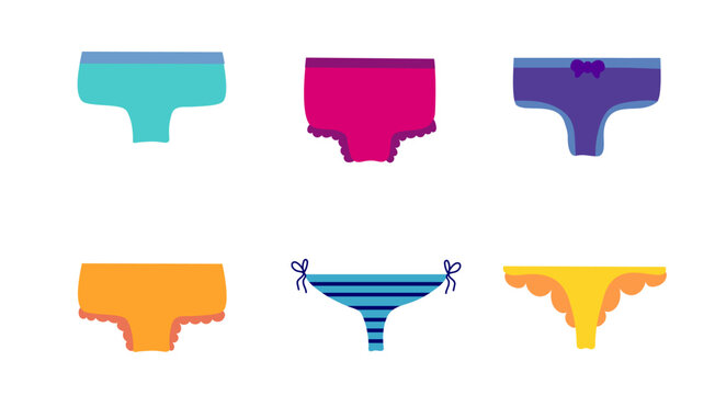 Set of women panties, underwear types string, thong, tanga, bikini. Cheeky, hipster, classic brief, slip, retro high waist or slimming underclothing collection. Cartoon Flat vector illustration.