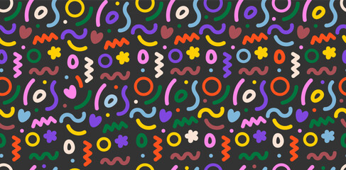 Fototapeta premium Vibrant, seamless pattern illustration for a birthday party celebration black background with various colorful lines,shapes,hearts,and flowers.Perfect for wrapping paper or decorations.Vector EPS 10