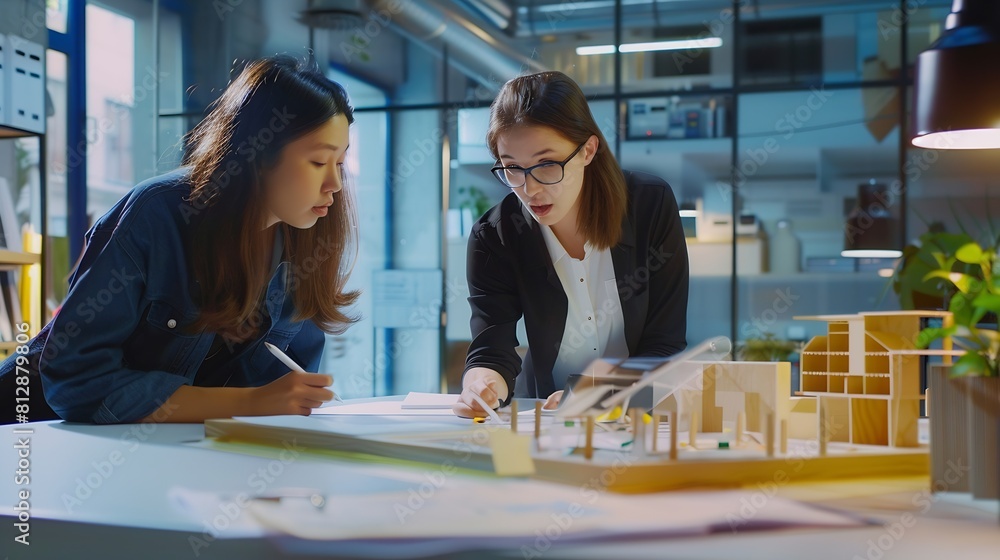 Poster female engineers meeting in office and looking at layout of apartment closeup : generative ai