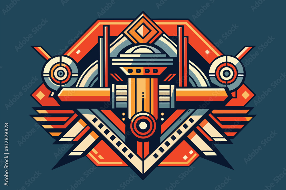 Poster stylized artwork featuring geometric shapes and vibrant colors with precise lines and edges, bold li