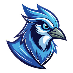 Fototapeta premium A blue and white bird with a black beak perched on a branch, Blue Jay Bird Logo Mascot, Dynamic Vector