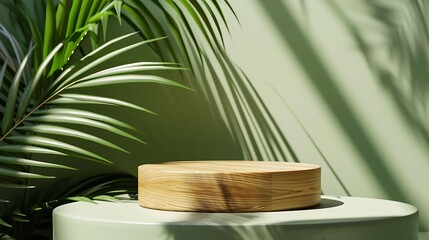 Cosmetics product advertising stand Exhibition wooden podium on green background with palm leaves and shadows Empty pedestal to display product packaging Mockup : Generative AI